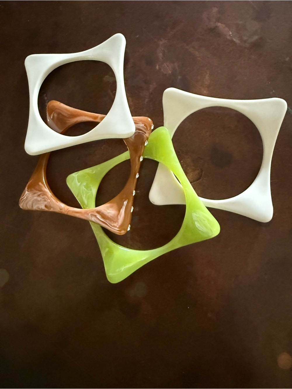 Vintage Retro Square Plastic Bracelets in White, Lime & Brown